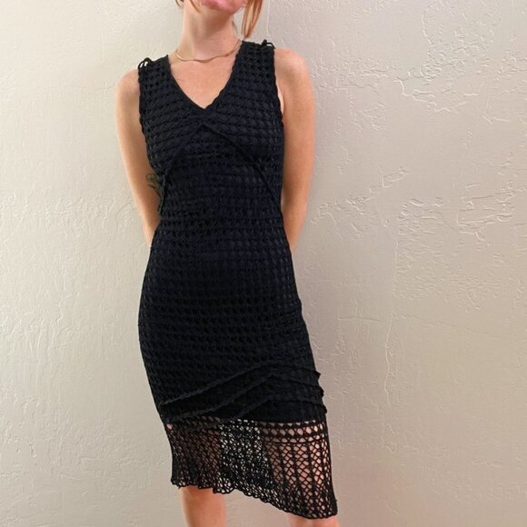 Y2K Style Kroshetta By Papillon Black Crochet Beach Vacation Midi Dress - Picture 3 of 7